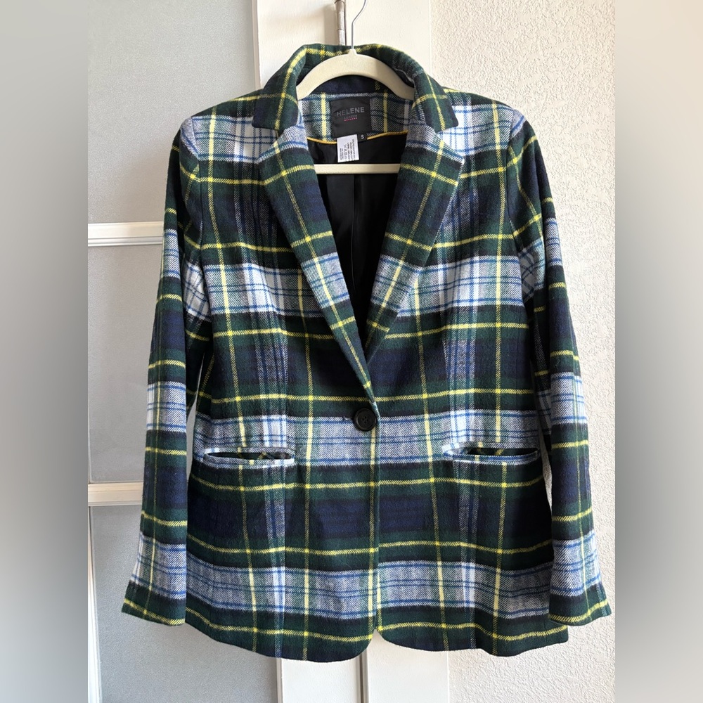 Helene Berman - Boxy Plaid One Button 2 Pocket Blazer - Sz. Small - Blue & Green - Picture 5 of 9